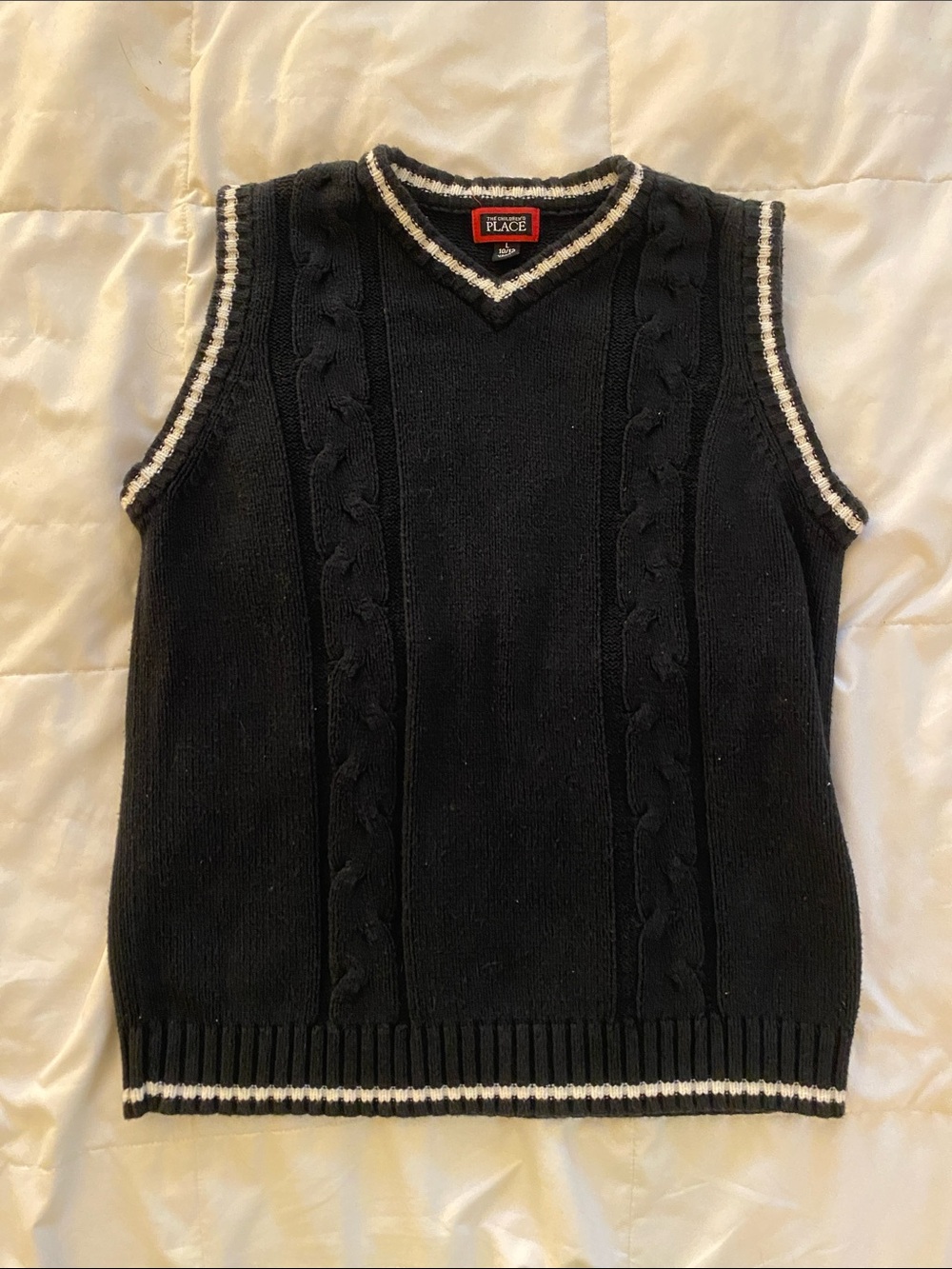 The Children's Place Black V-Neck Cable Knit Sweater Vest with White Trim